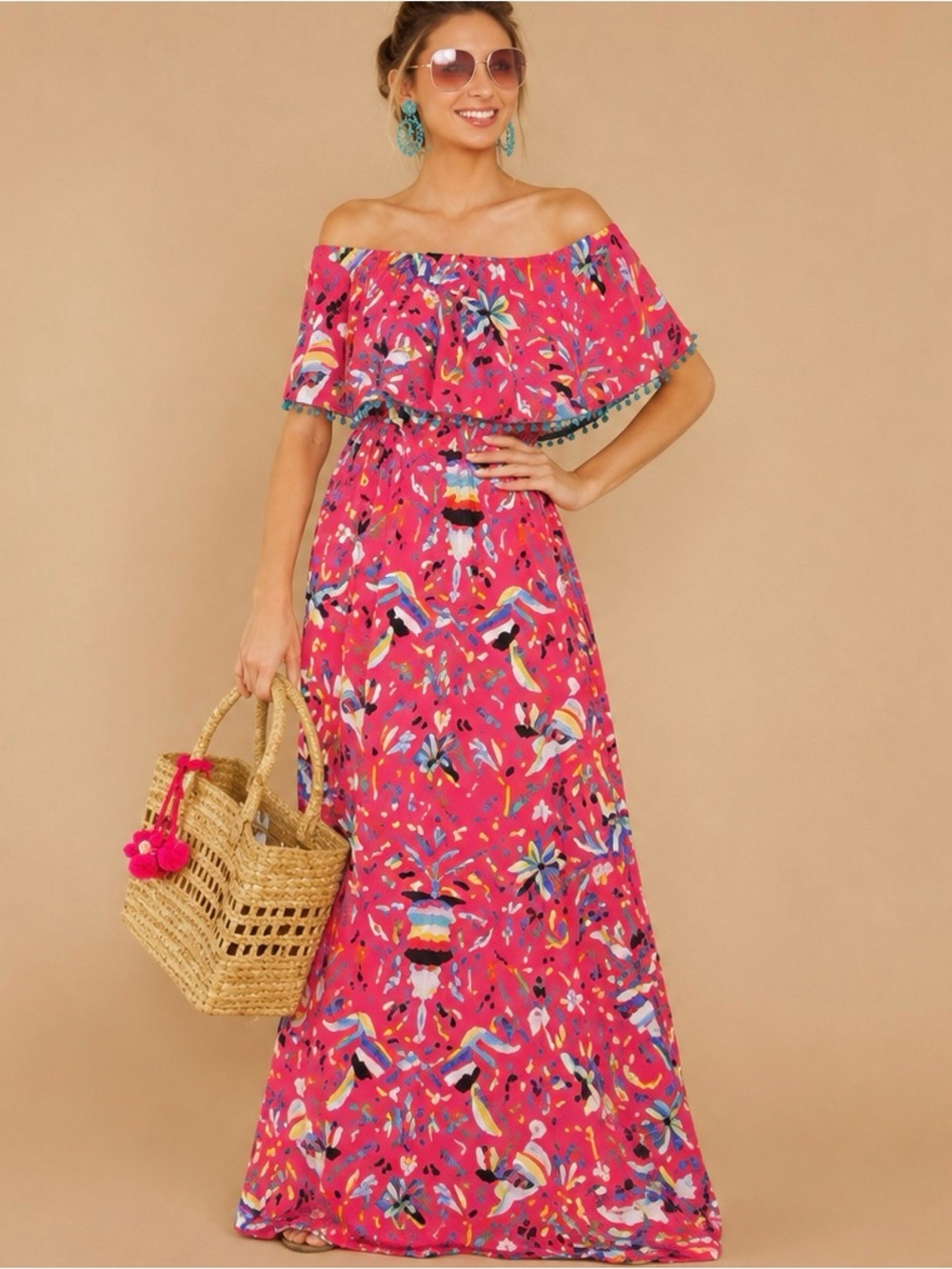 Judith March Parrot Print Maxi Dress Womens S Pink Off Shoulder Tropical